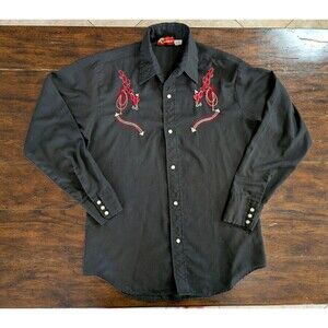 Vtg 70s Cowboy Joe Western Shirt M Black Pearl Snap Embroidered Rodeo Rockabilly